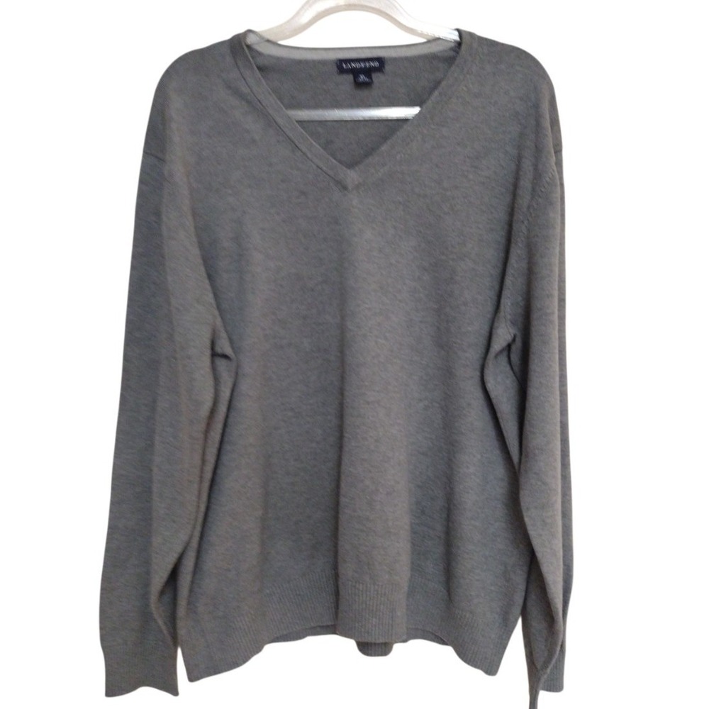 Lands End Sweater Mens XL Gray V-Neck‎ 100% Baumwolle Cotton Casual Long Sleeve